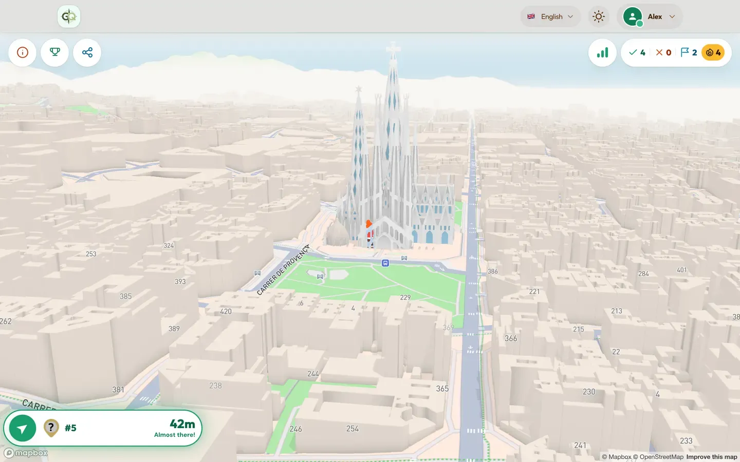 Kesemua 6 hentian bertaburan di seluruh Eixample, Barcelona. Peserta berada 42 meter dari yang pertama.