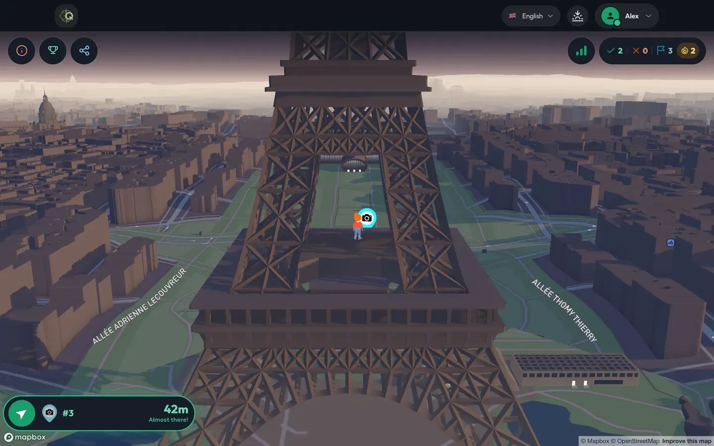 Alle 5 stop placeret ud over Paris. Deltageren er 42 meter fra det første.