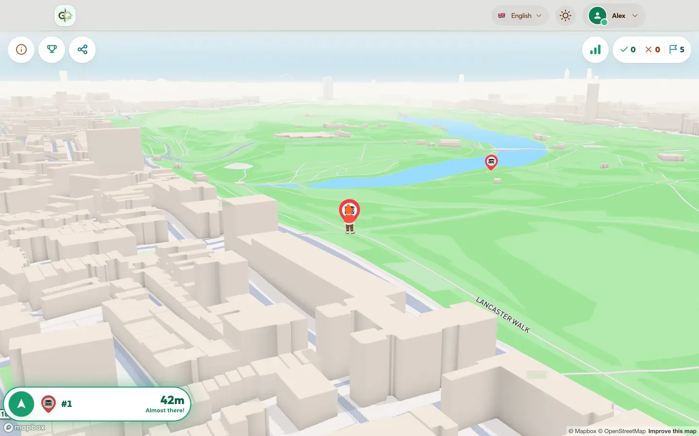 Alle 5 stops verspreid over Kensington Gardens, Londen. De deelnemer staat 42 meter van de eerste.