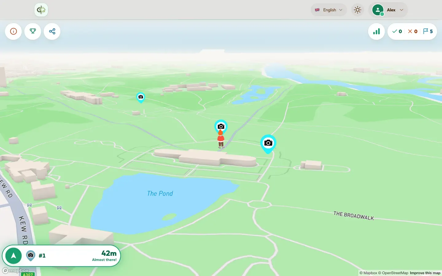 Alle 5 stop placeret ud over Kew Gardens, London. Deltageren er 42 meter fra det første.