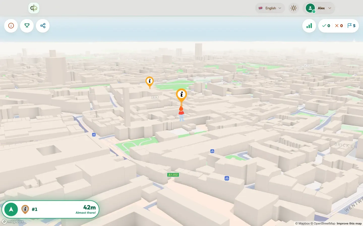 Alle 5 stops verspreid over Shoreditch, Londen. De deelnemer staat 42 meter van de eerste.