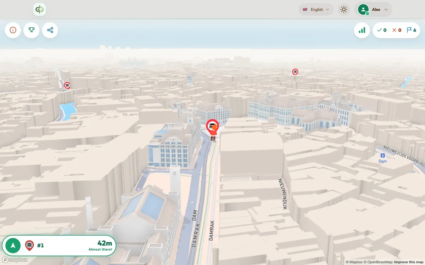 Alle 6 stop placeret ud over Amsterdam. Deltageren er 42 meter fra det første.