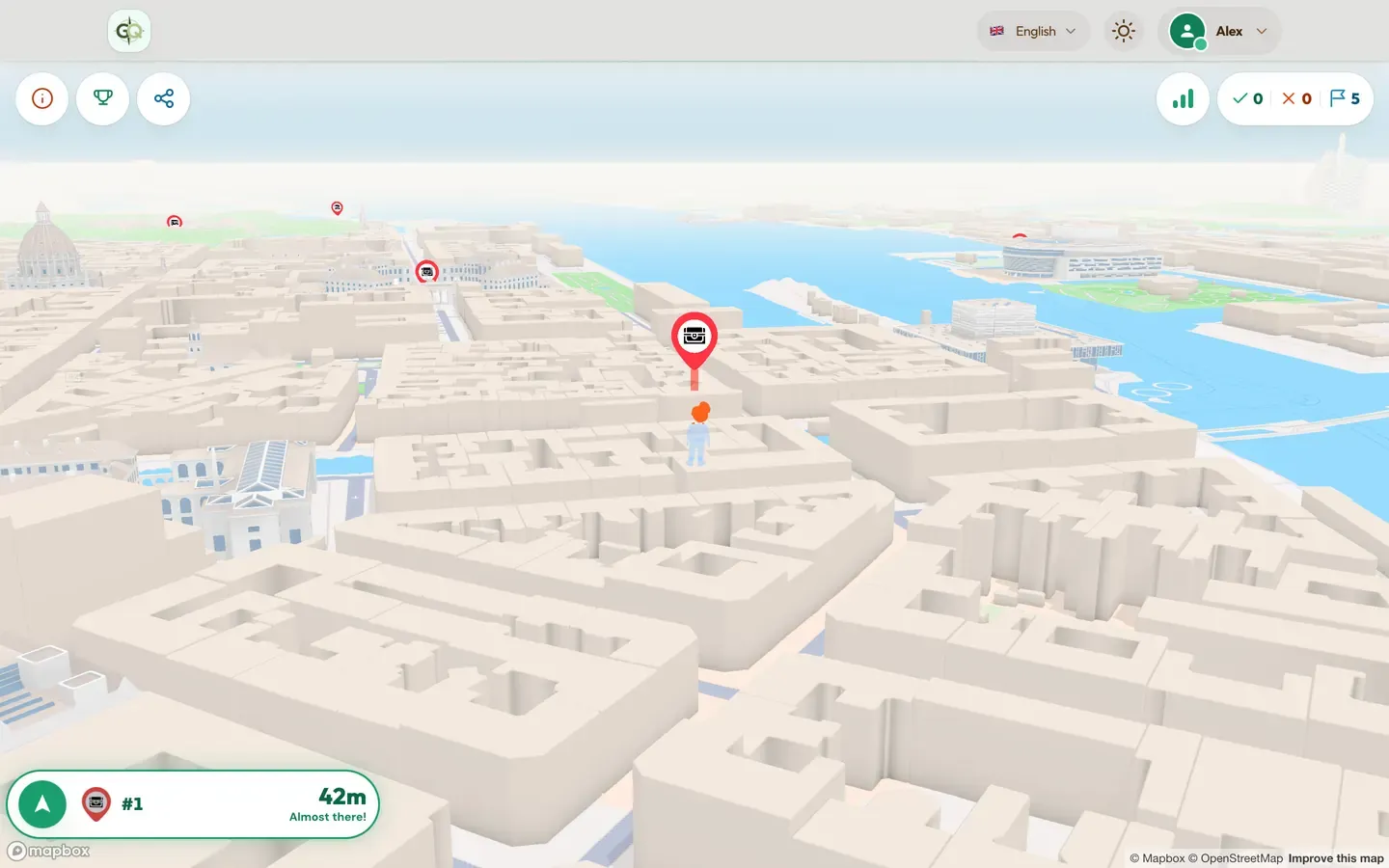 Alle 5 stops verspreid over Kopenhagen. De deelnemer staat 42 meter van de eerste.