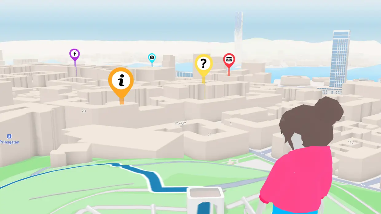 En besökares avatar blickar ut över en 3D-karta av Göteborg, med ett Info-uppdrag i förgrunden och uppdragen Quiz, Skatt, Foto och Utmaning utplacerade i staden