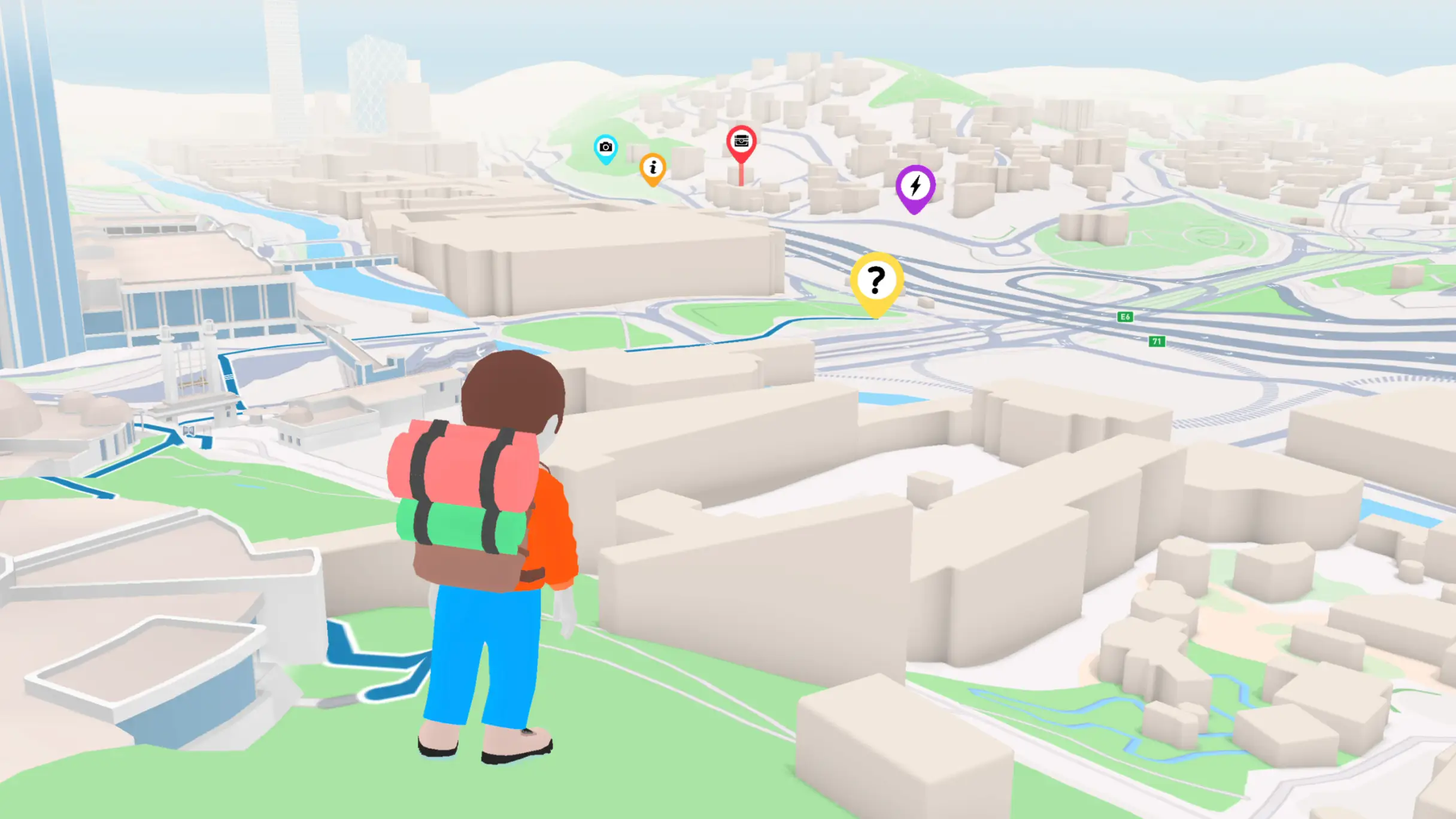 A player's avatar on a hilltop looking out over a 3D city map, with Quiz, Treasure, Photo, Info and Challenge quests pinned to real places