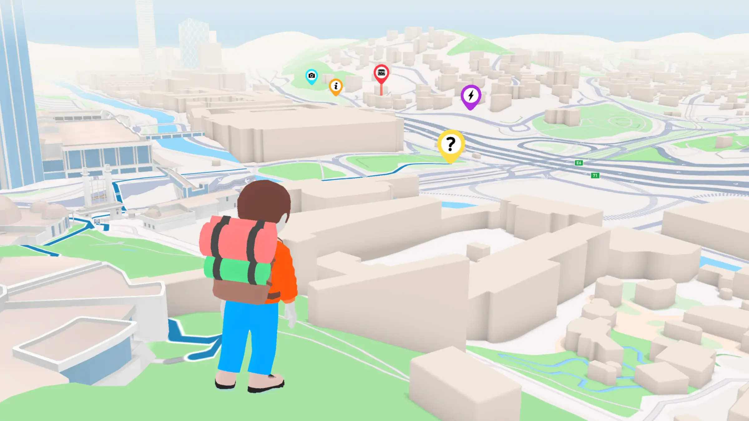 A player's avatar on a hilltop looking out over a 3D city map, with Quiz, Treasure, Photo, Info and Challenge quests pinned to real places