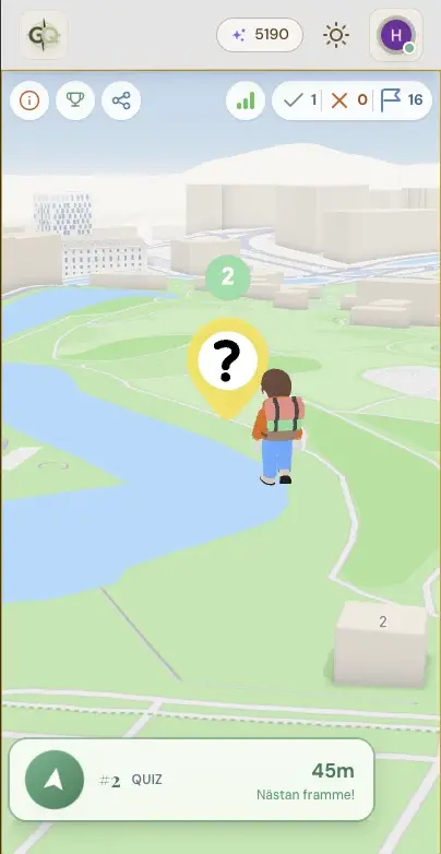 GeoQuestr gameplay on a phone — a player’s 3D avatar standing beside a quiz quest marker, 45 metres from the next stop