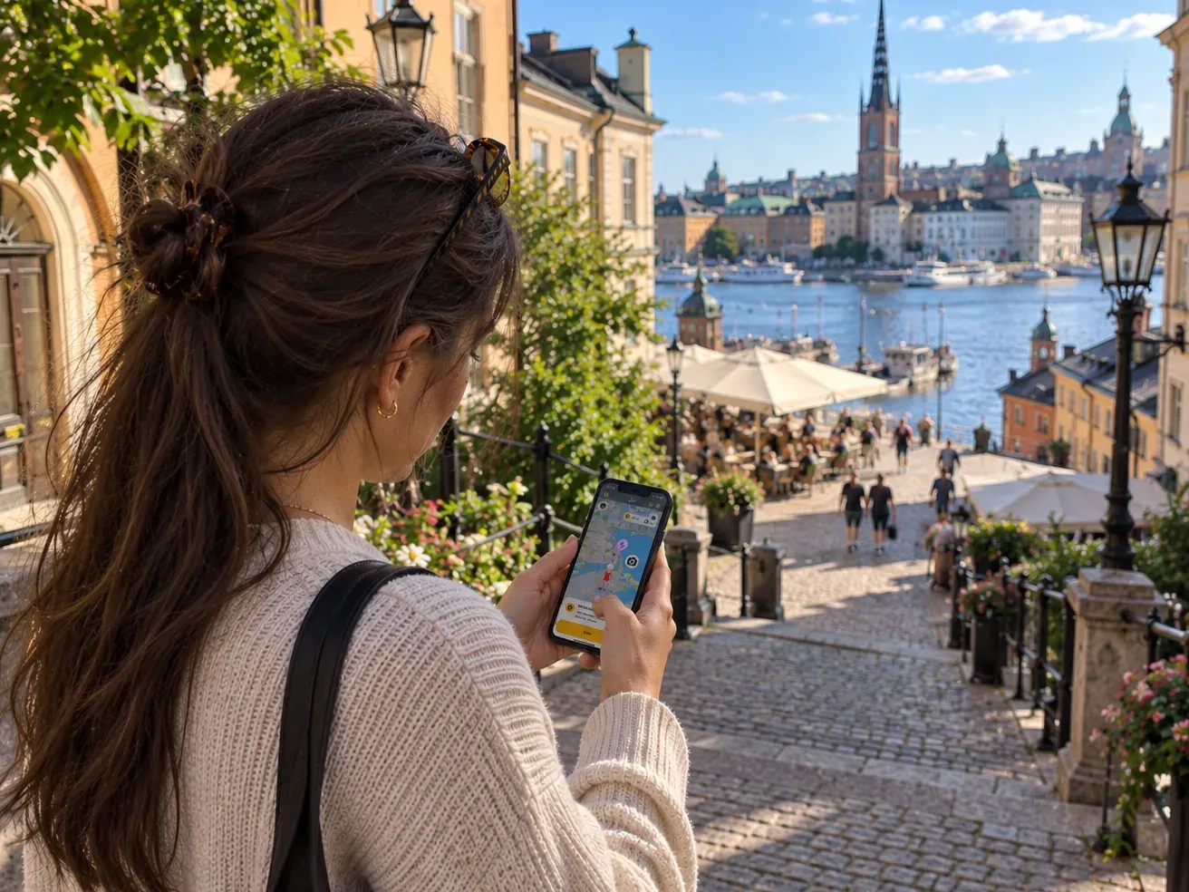 A visitor holds a phone showing the GeoQuestr map on a sunny cobbled street by the water in Stockholm