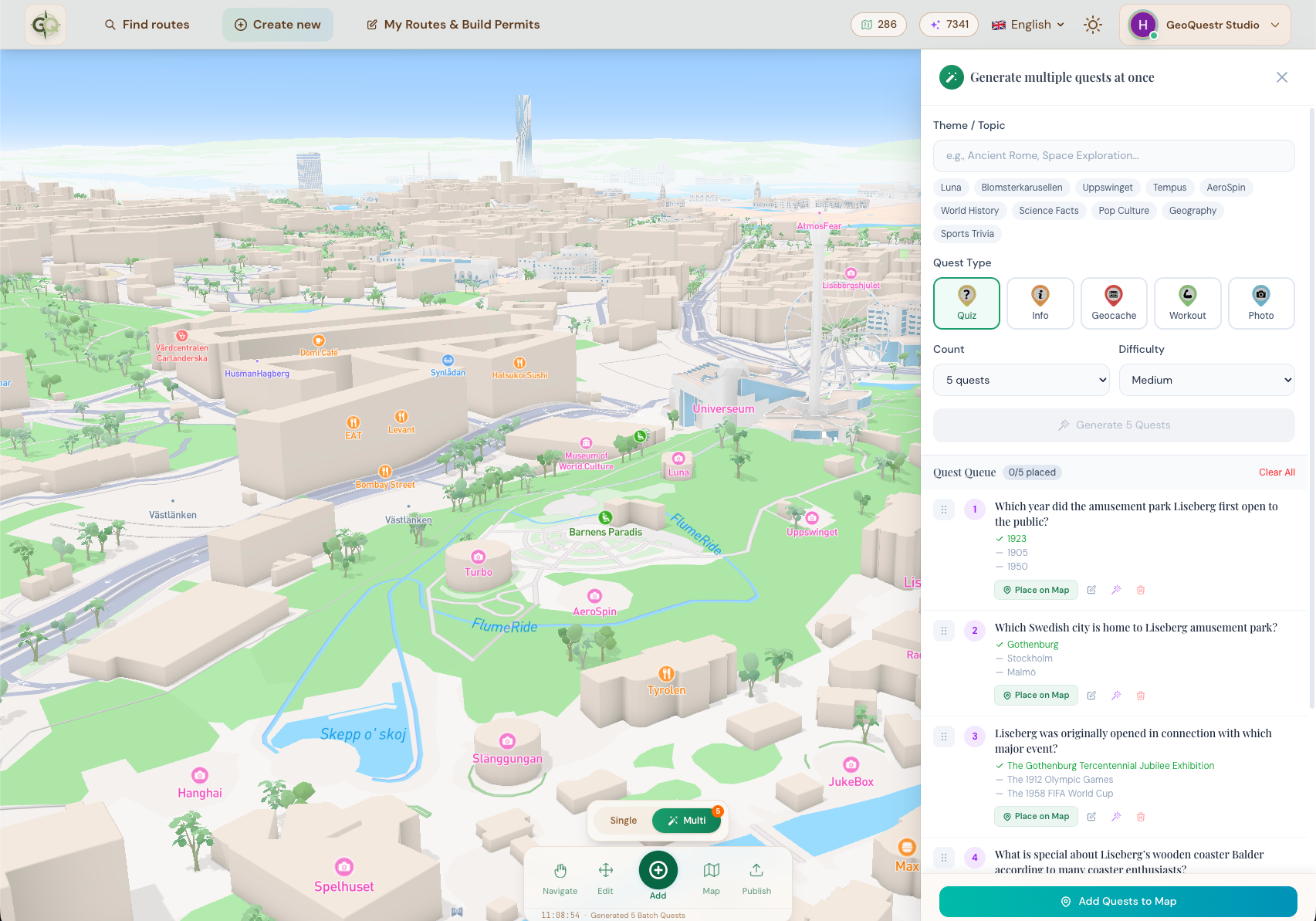 GeoQuestr Studio — AI-powered experience builder with 3D map