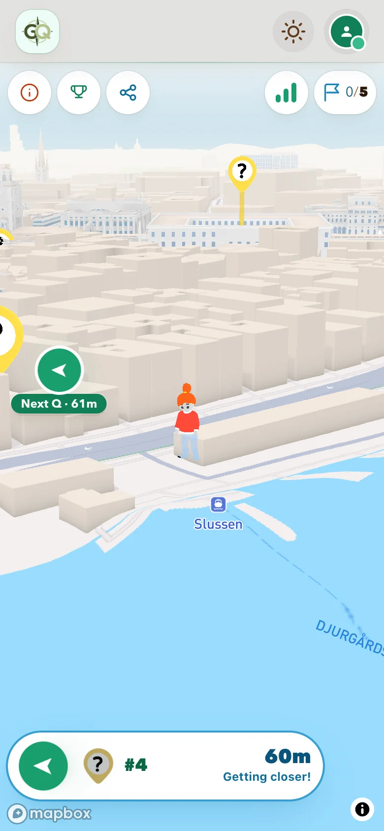A participant walking along Skeppsbron in Stockholm's Old Town, 60 metres from the next quest.
